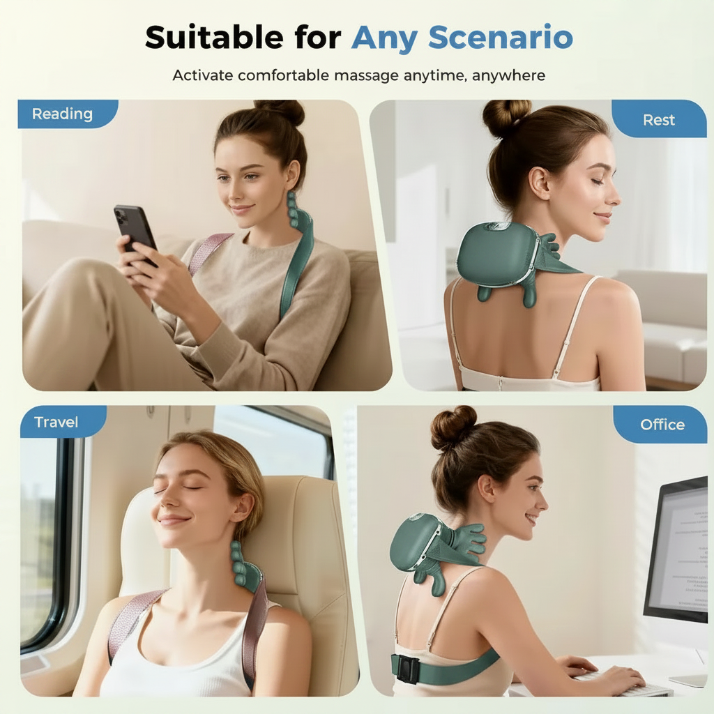 A 2x2 promotional collage showing a teal neck and shoulder massage device used in four scenarios: reading on a couch, resting, traveling in a train, and working at a computer. The top of the image has the text 'Suitable for Any Scenario' and 'Activate comfortable massage anytime, anywhere'.