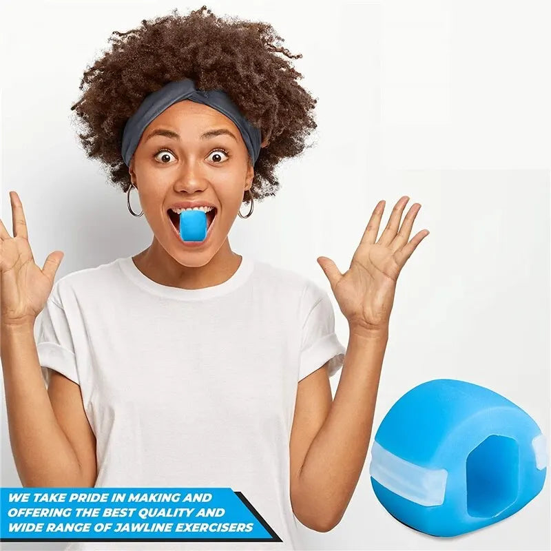 Woman with a blue jawline exerciser in her mouth, with a promotional text about jawline exercisers.