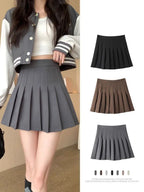Liveify gray pleated tennis skirt with high waist, shown in black, brown, and gray options, styled with varsity jacket