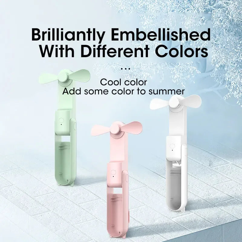 Liveify portable misting fan in mint, pink, and white with 3 blades, USB rechargeable for summer cooling