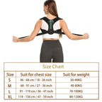 Liveify black posture corrector brace with green arrows, worn by woman, adjustable straps, size chart included