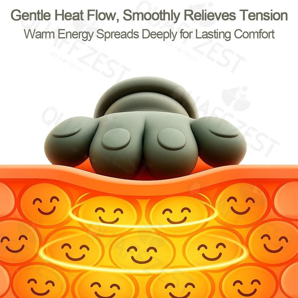 Heated pad with smiley face design and text about heat flow and tension relief.
