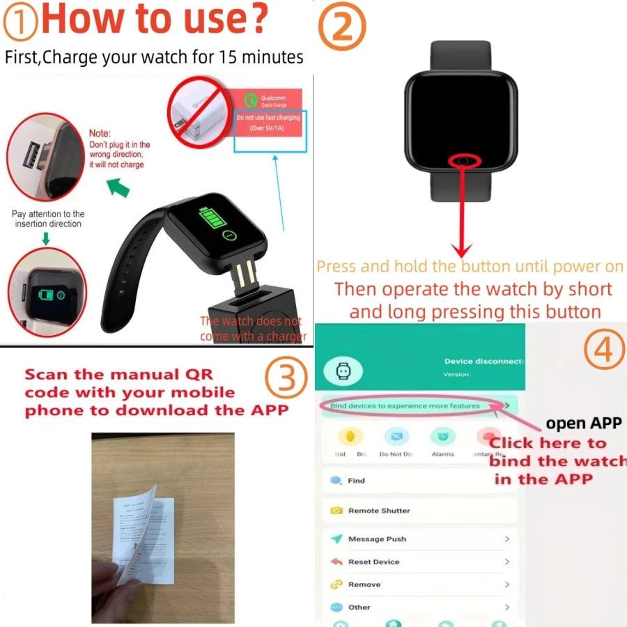 Liveify black smartwatch with USB charging, app setup guide, and button operation instructions