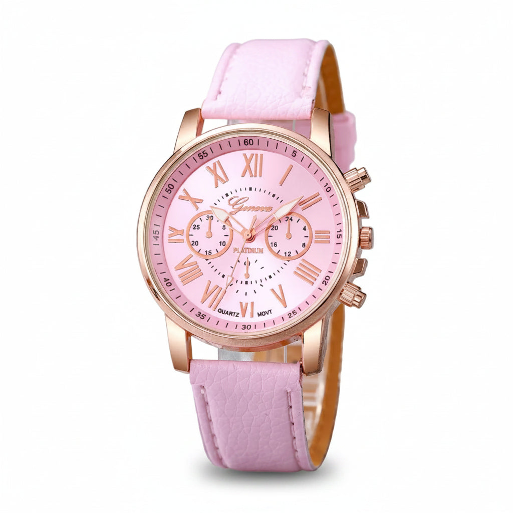 Liveify pink leather strap watch with rose gold case, Roman numerals, and chronograph dials on glitter background