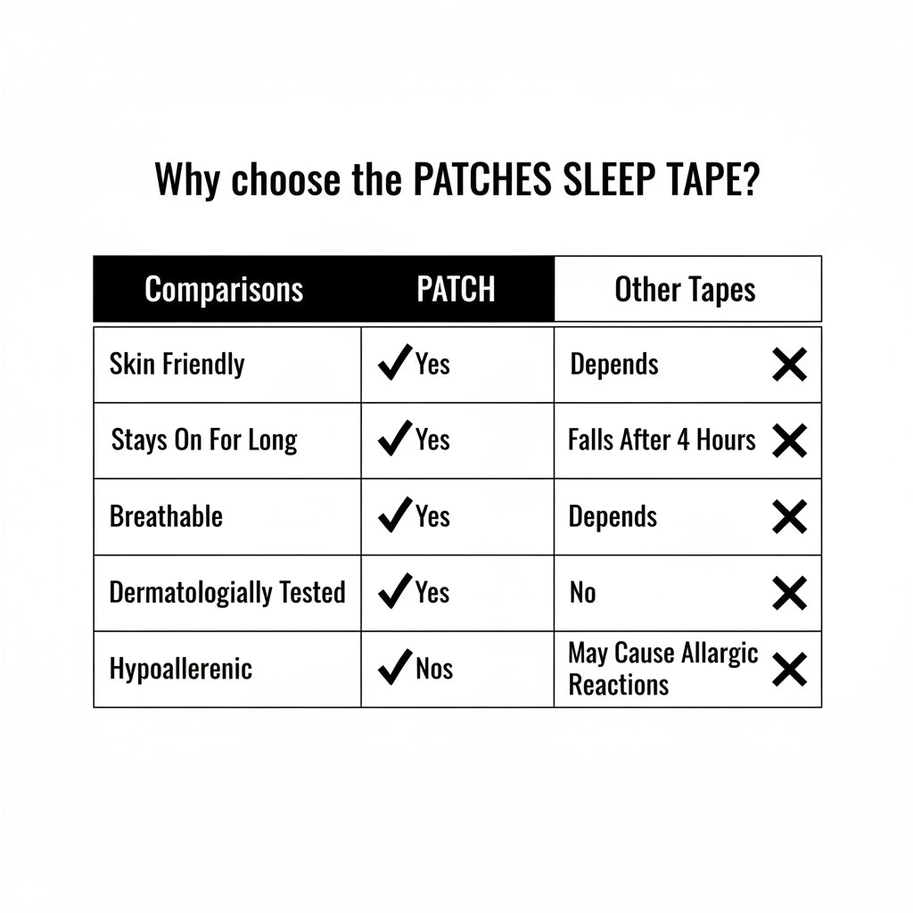 Comparison chart of PATCH sleep tape versus other tapes on a starry night sky background