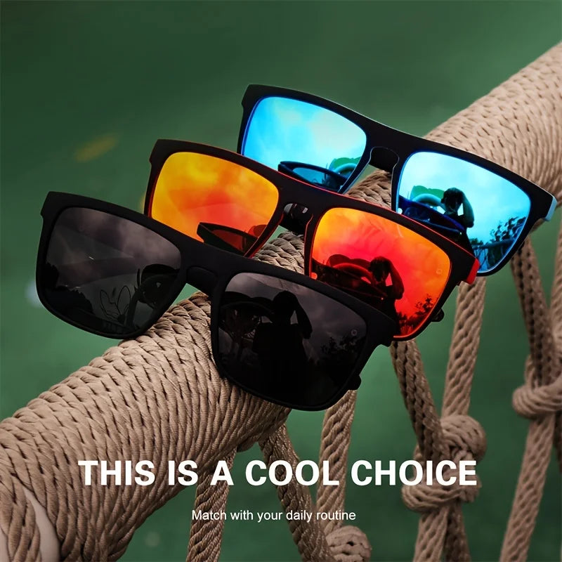Liveify black frame sunglasses with blue, orange, and dark mirrored lenses on rope, stylish outdoor accessory