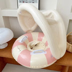 Liveify pink and cream striped inflatable pool float with canopy and handles, soft vinyl material for kids