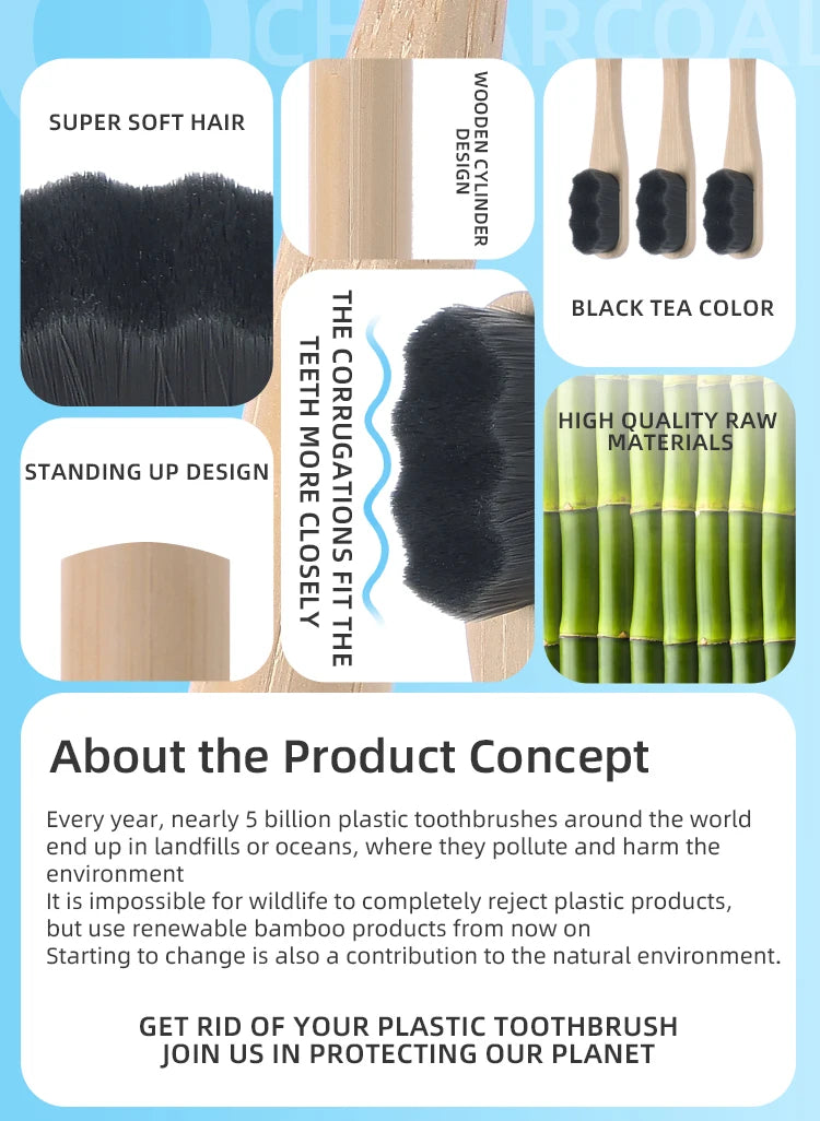 Liveify bamboo toothbrush with super soft black tea color bristles, wooden cylinder design, standing up feature