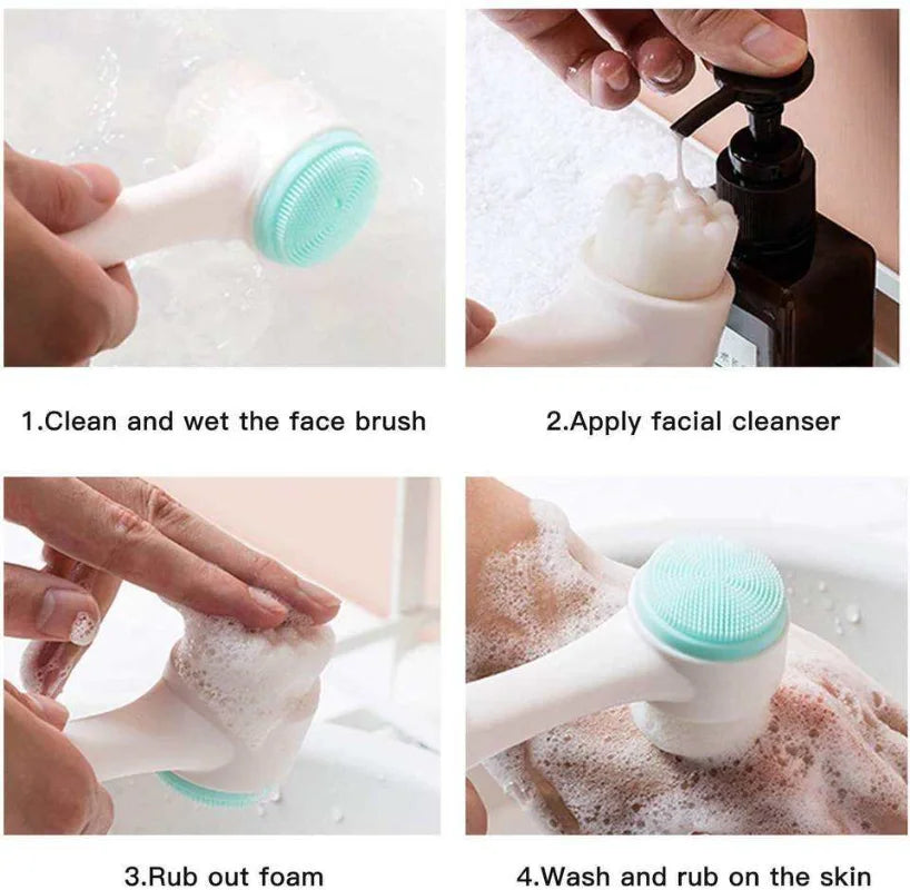 Liveify white and mint silicone face brush for cleansing skin with foam, shown in 4-step usage