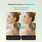 Promotional graphic for a neck and shoulder massage device, showing two side-profile views of a woman's neck with the device applied. Text at the top reads 'Massage Up & Down Simultaneously' and labels the upper and lower massage heads with descriptive callouts.