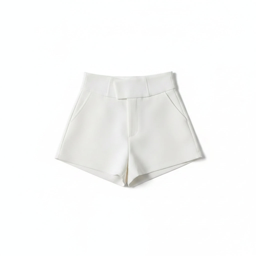 Liveify white high-waisted shorts with pleated front, soft fabric, stylish and trendy design