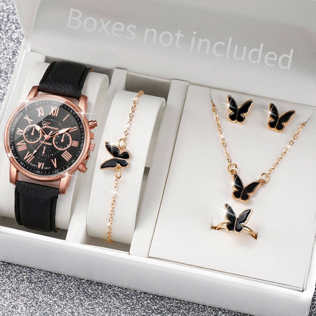 Liveify rose gold watch with black leather strap, butterfly necklace, bracelet, earrings, and ring set