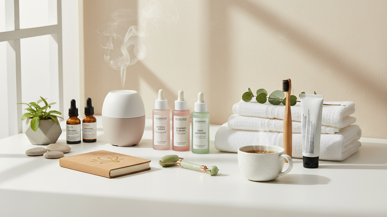 Tabletop display of wellness products including bottles, a diffuser, and towels with a neutral background.