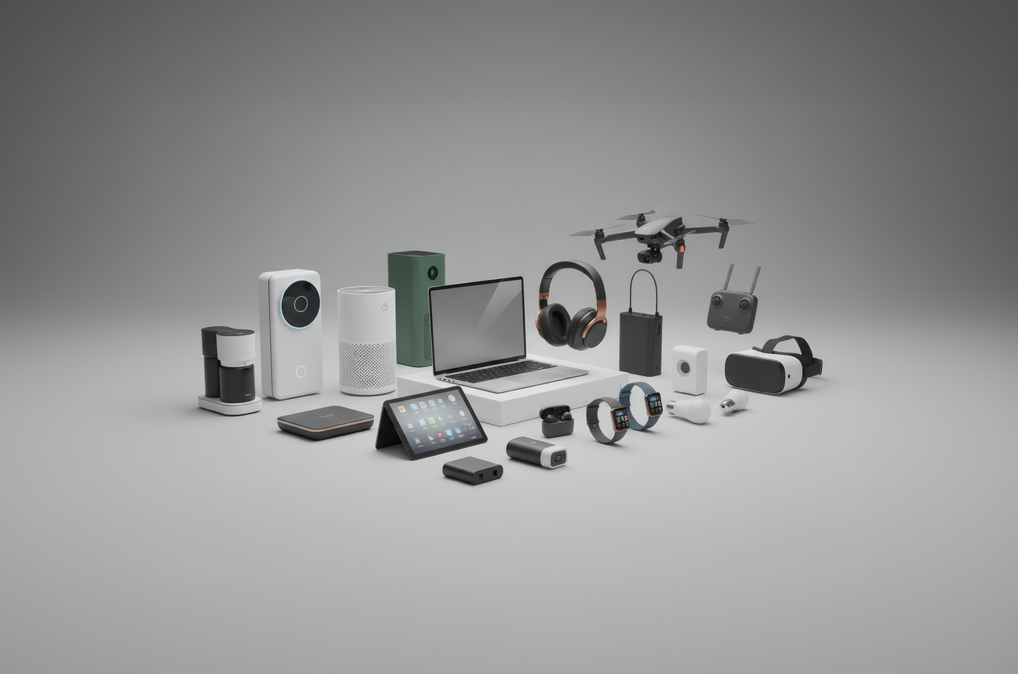 Collection of electronic devices including a laptop, headphones, drone, and smart home devices on a gray background.