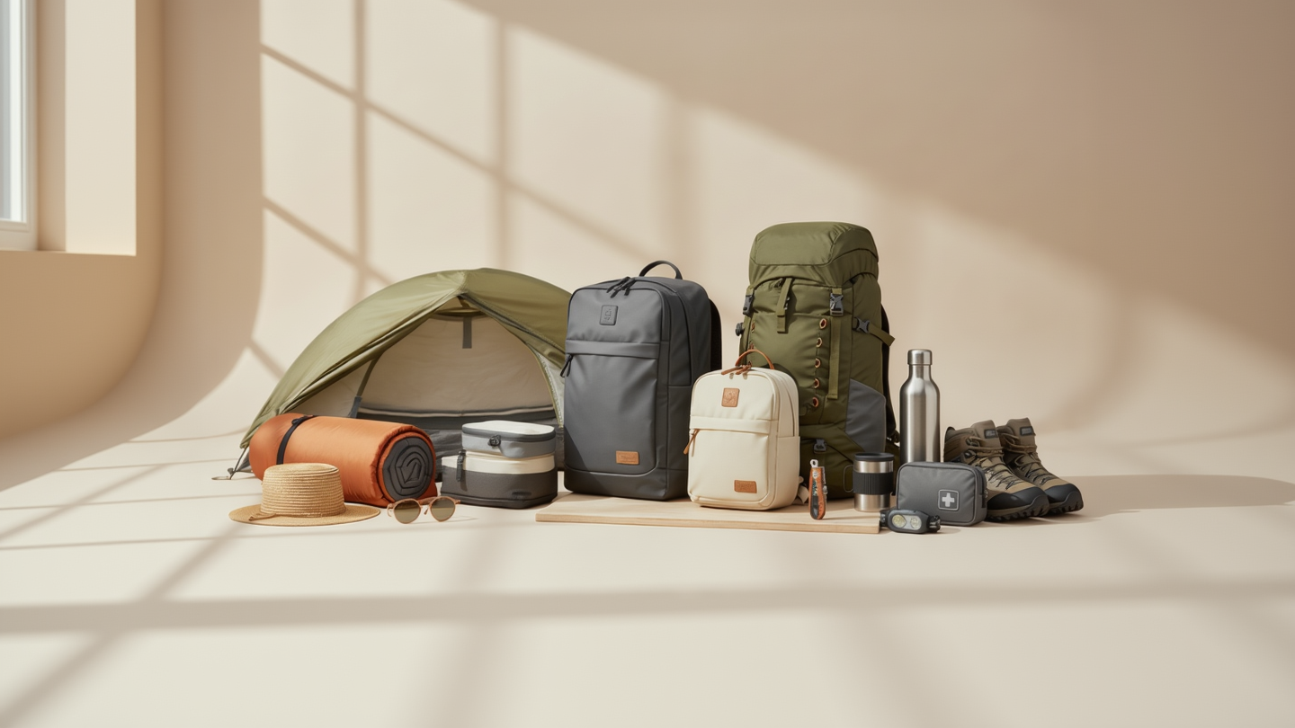 Collection of camping gear including backpacks, tents, and cooking equipment on a neutral background
