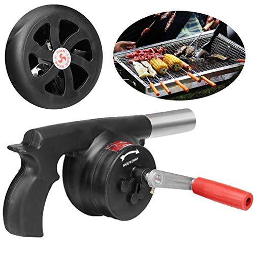 Liveify black handheld BBQ fan with red handle, stainless steel nozzle, and grill scene for outdoor cooking